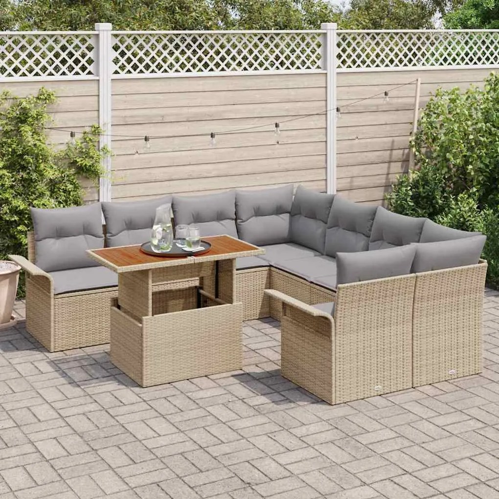 Sofá de Jardim de 9 Peças com Almofadas Bege em Rattan Sintético e Acá