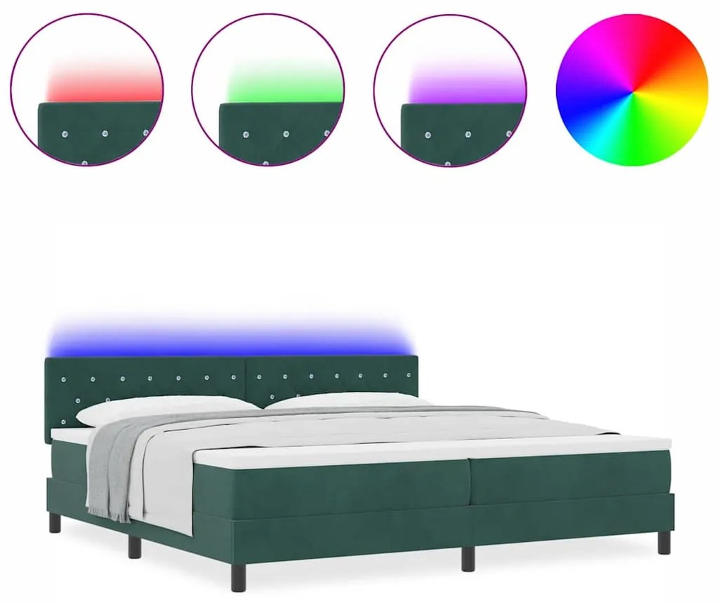 Cama Box com Colchão &amp; LED Verde Escuro 200x200 cm Veludo