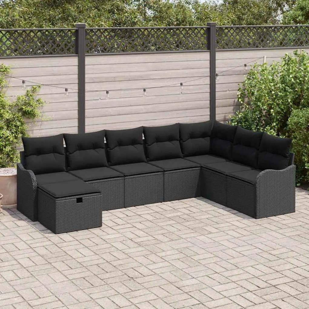 vidaXL Conjunto de Sofá de Jardim com 8 Peças e Almofadas de Rattan Preto em Poliéster