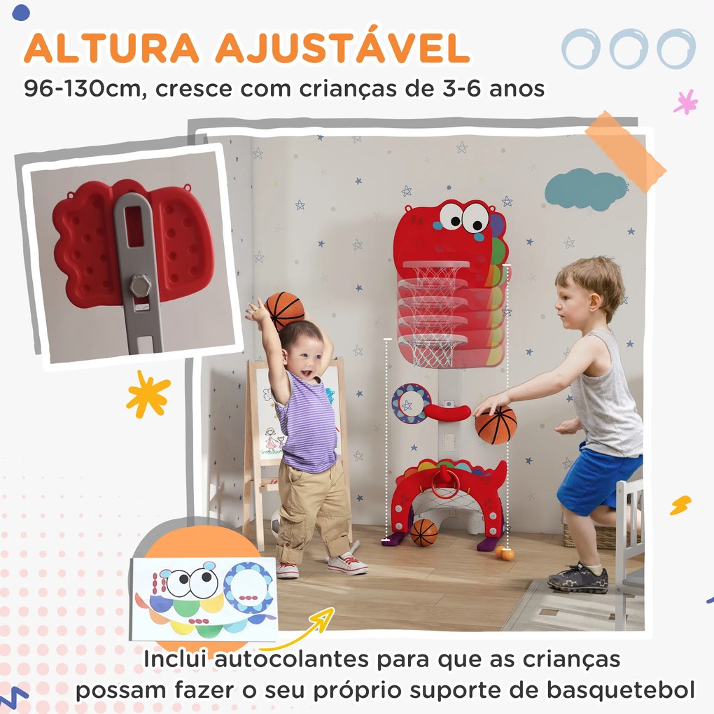 Cesto de Basquetebol 5 em 1 com Altura Ajustável Futebol Golf Aros Jogo de Lançamento 46x51x134-152 cm Vermelho