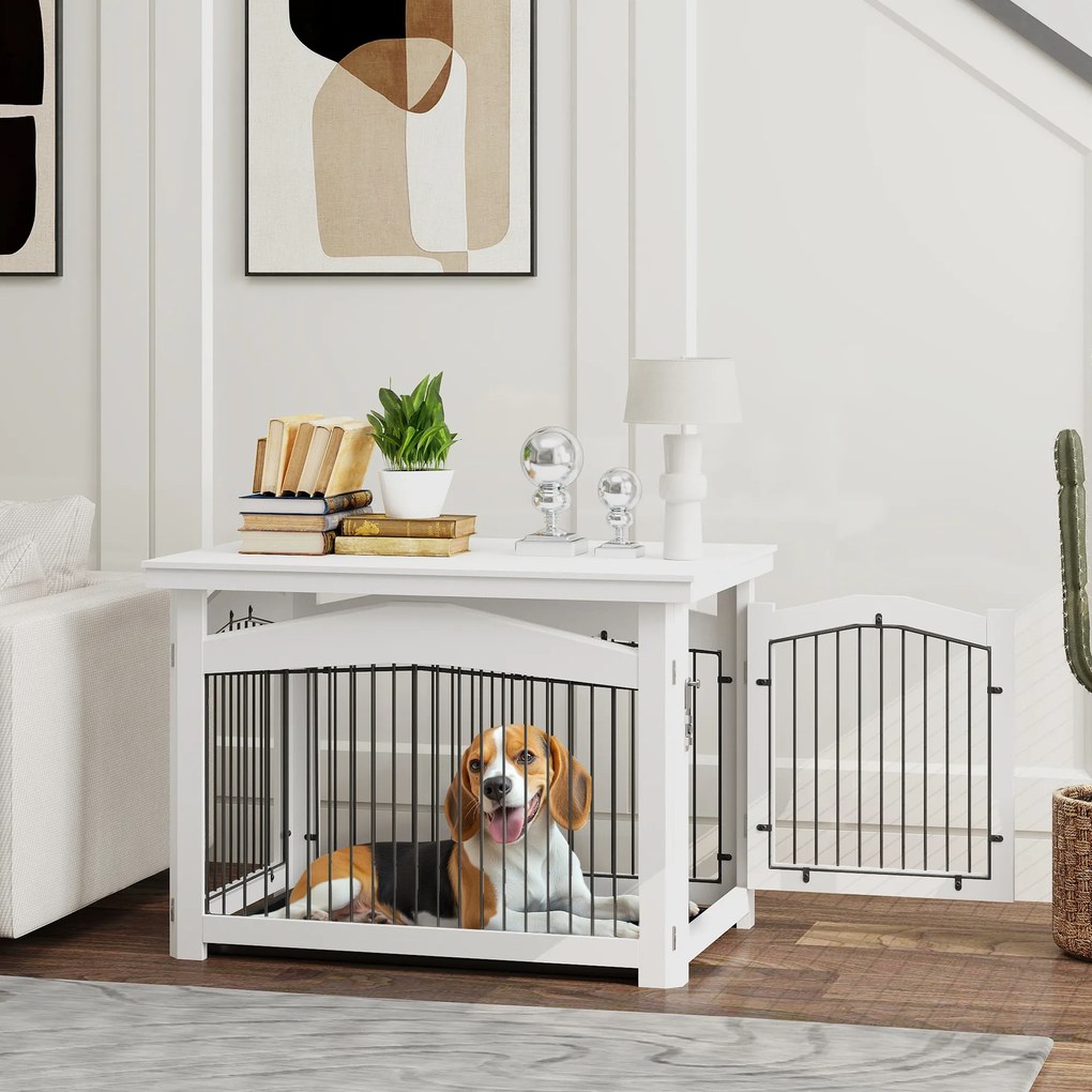 Gaiola para Cães Médios 3 em 1 Mesa Auxiliar Gaiola para Cães com Porta Trava Tampa Superior  82,5x57,5x59,5 cm Branco