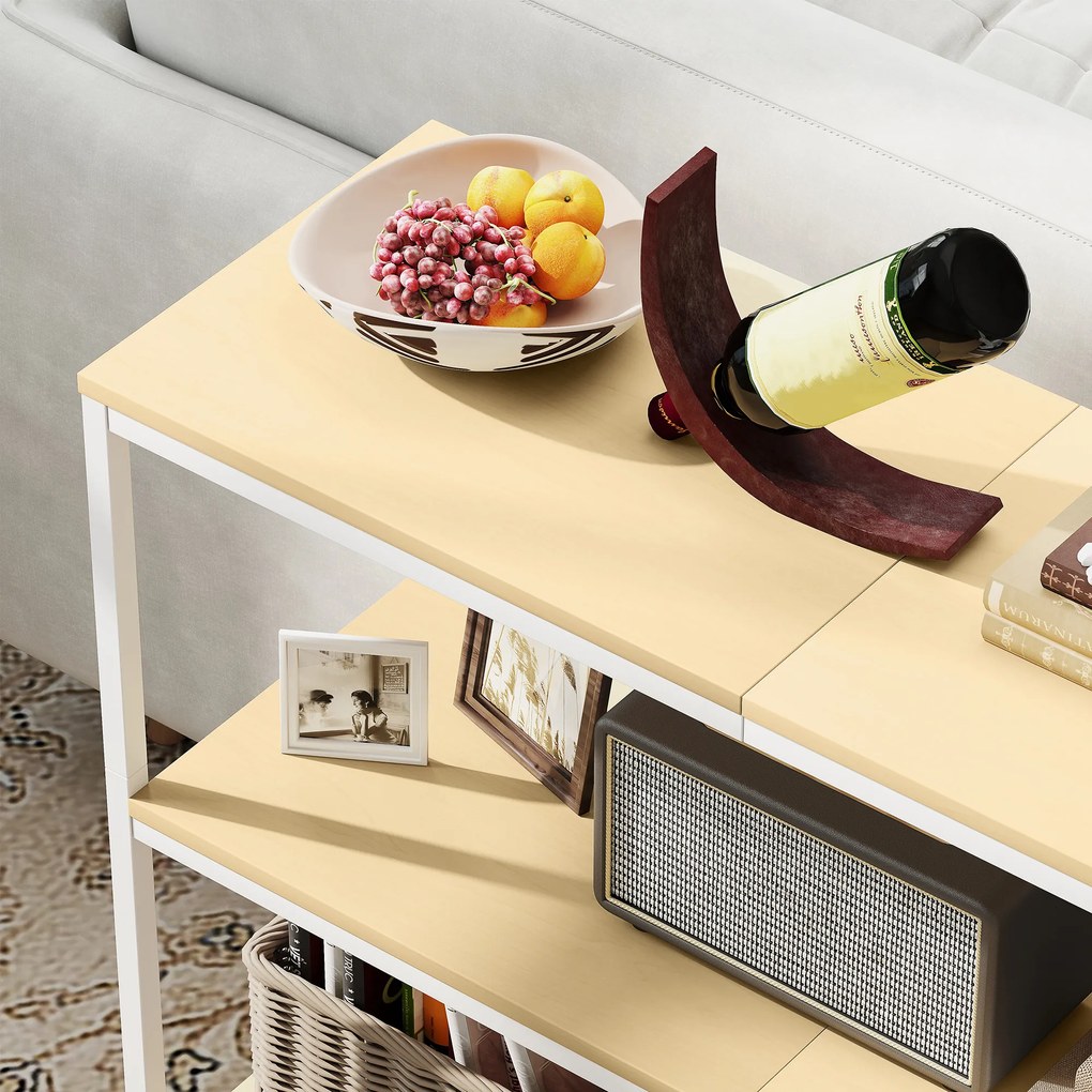 Mesa Consola Estreita Consola de Entrada Moderna com 3 Prateleiras Abertas e Pés de Metal 101x35x80 cm Madeira e Branco