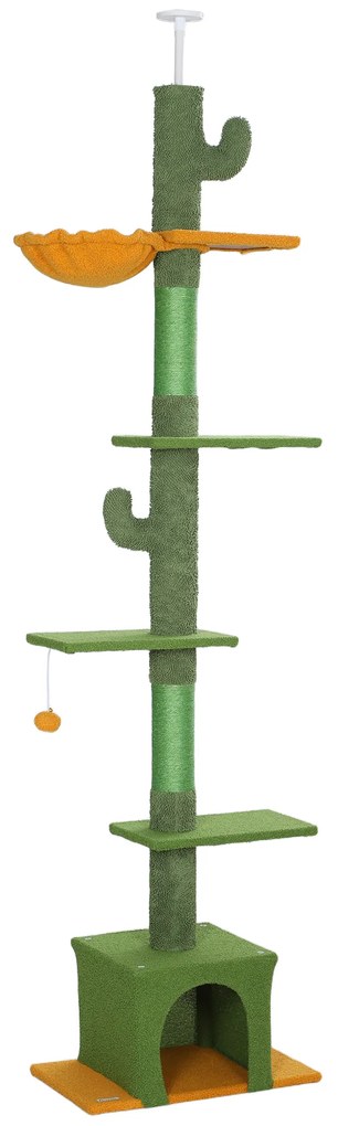 PawHut Arranhador para Gatos de Chão a Teto de 230-275 cm com Altura Ajustável Postes de Sisal e Bola de Brincar Verde | Aosom Portugal