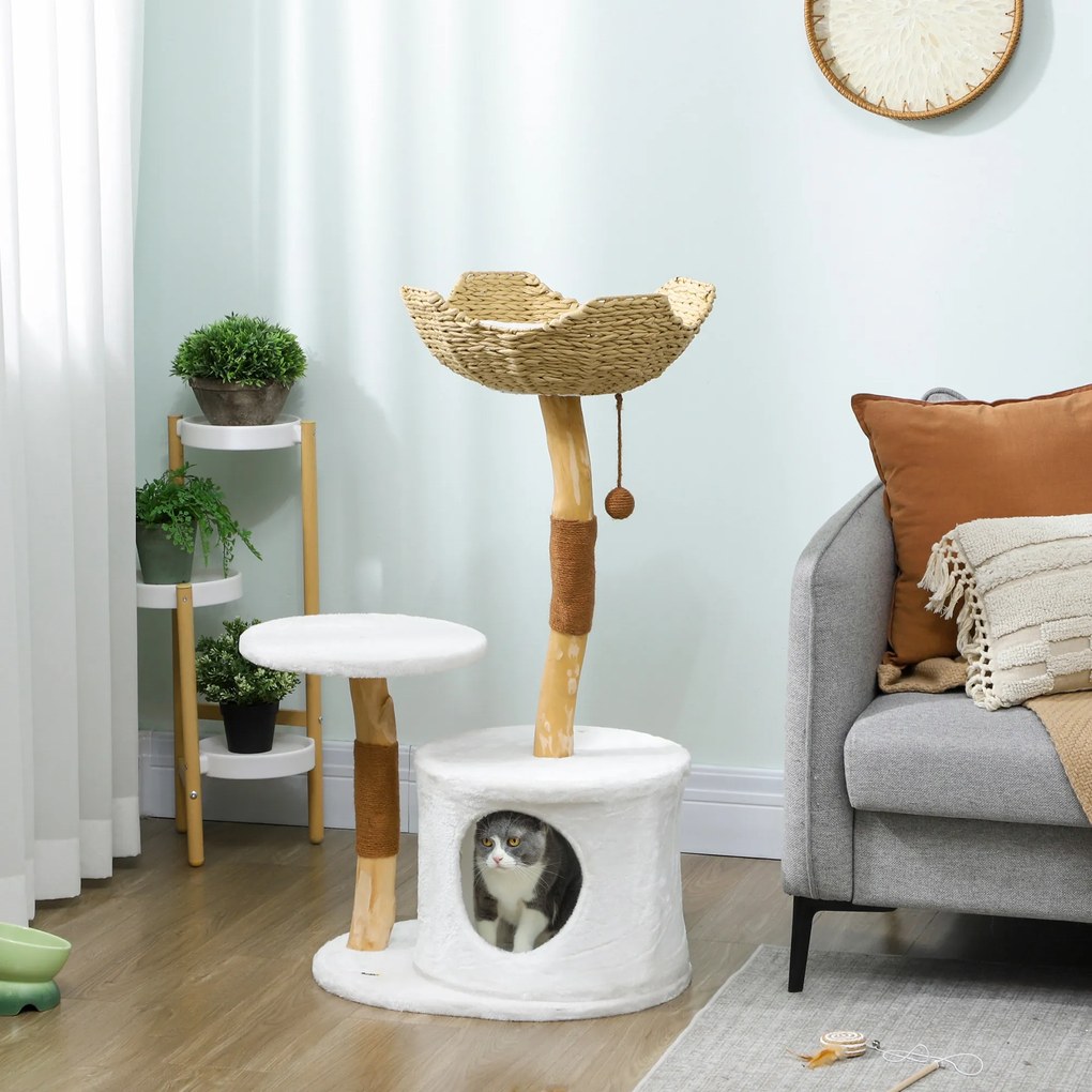 Árvore para gatos com torre de brincadeiras, arranhadores, plataforma, cama, compartimentos abertos e almofada macia lavável, 55 x 45 x 102 cm, branco