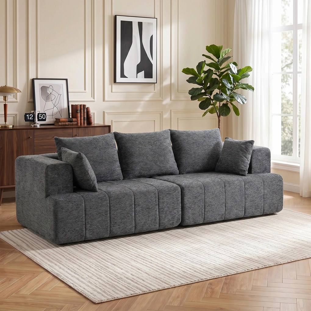 Sofá de 3 lugares em chenille, 248 (C) x 104 (P) x 87 (A) cm, sofá de sala moderno, assento largo estofado, almofadas com molas, cinzento