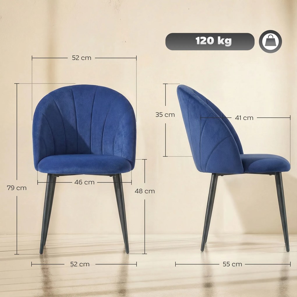Conjunto de 2 cadeiras de sala de jantar, cadeiras de cozinha estofadas sem braços, pés em aço, 52x55x79 cm, azul