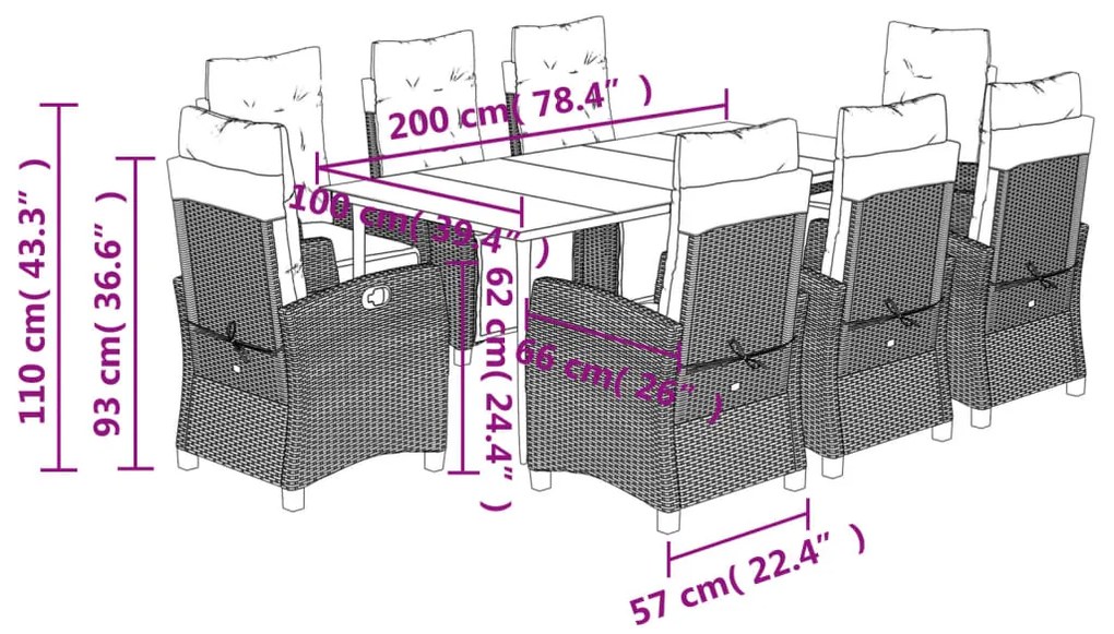 9 pcs conjunto de jantar p/ jardim c/ almofadões vime PE cinza