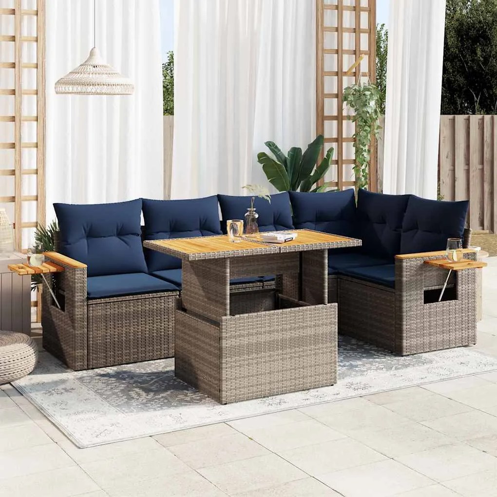 6 pcs conjunto sofás jardim com almofadões PE/acácia cinzento