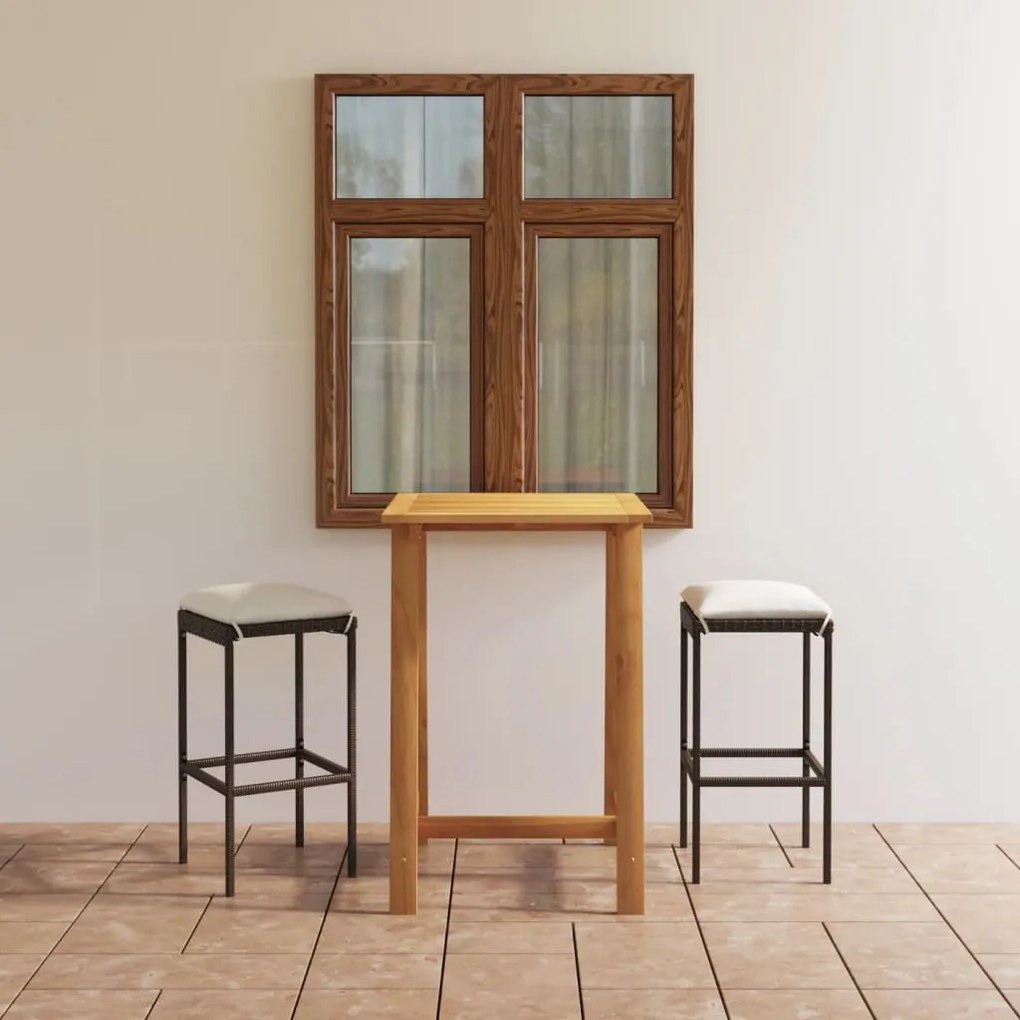 vidaXL 3 pcs conjunto de bar para jardim com almofadões castanho