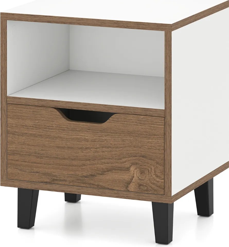 Mesas de cabeceira ou mesa de apoio moderna com gaveta Estante aberta para arrumação Pernas de metal Castanho + Branco