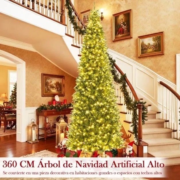 Árvore de Natal artificial de 360 cm com luzes pré-instaladas e conector rápido 2517 pontas de PVC e PE 800 luzes brancas quentes Verde
