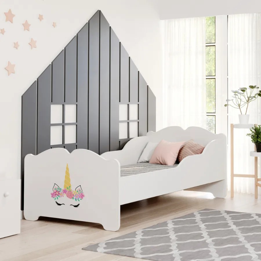 Cama infantil ANNA branca 140x70 - unicórnio - colchão e estrado incluído