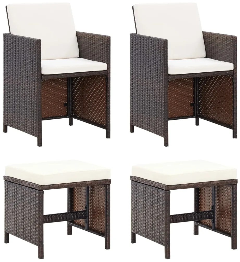 4 pcs conjunto de cadeiras e bancos de jardim vime PE castanho