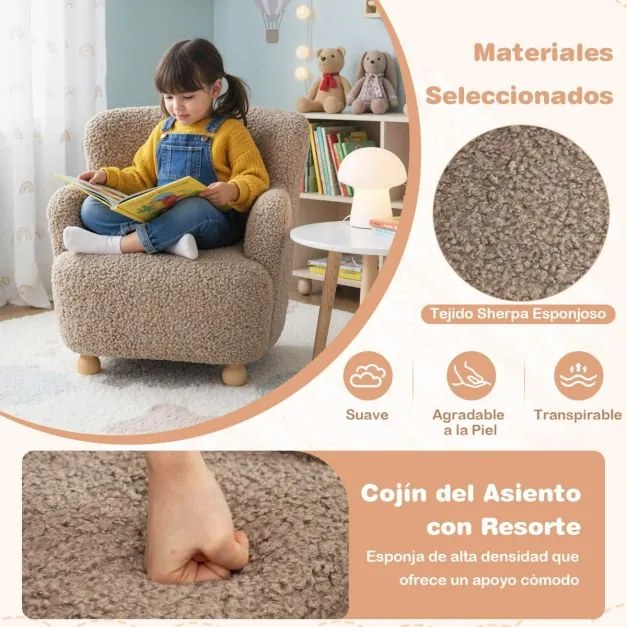 Poltrona Sherpa para crianças confortável com pernas em madeira maciça infantil Castanho