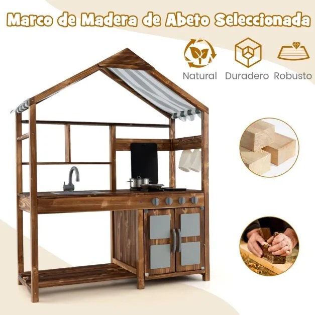 Cozinha de brincar em madeira para crianças dos 3 aos 7 anos com Toldo, torneira giratória, lava-loiça, puxadores realistas, natural