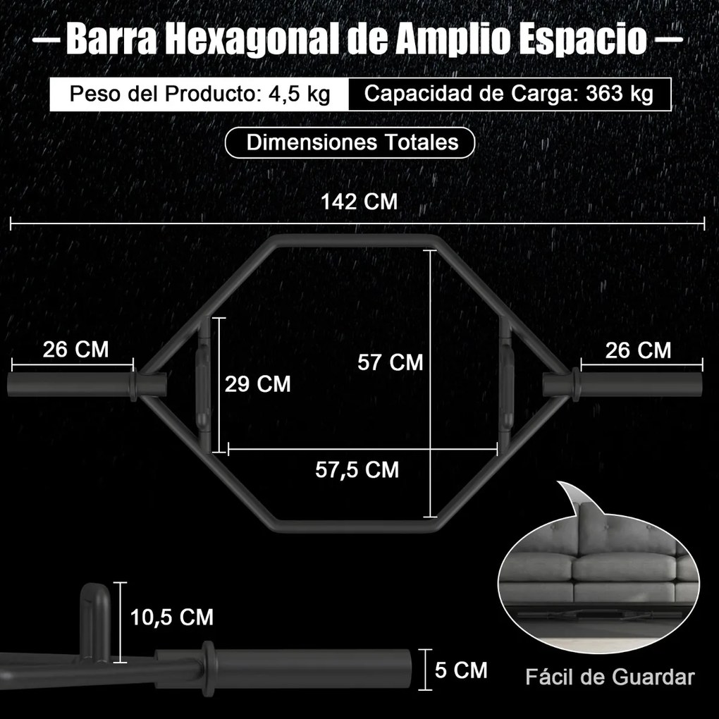Barra Pesos hexagonal dobrável com punhos estriados Carga 363 kg Mola de segurança preta