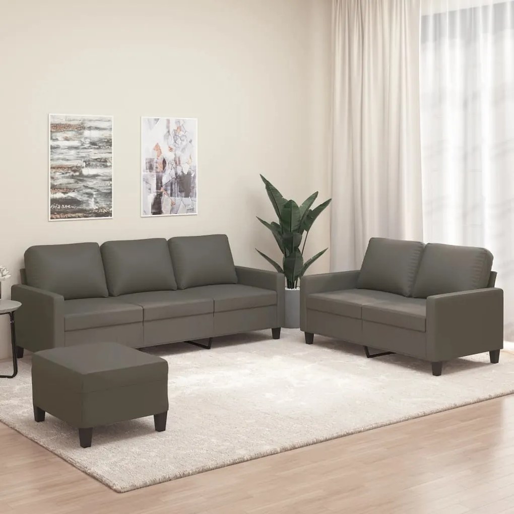 vidaXL 3 pcs conjunto de sofás c/ almofadões couro artificial cinzento