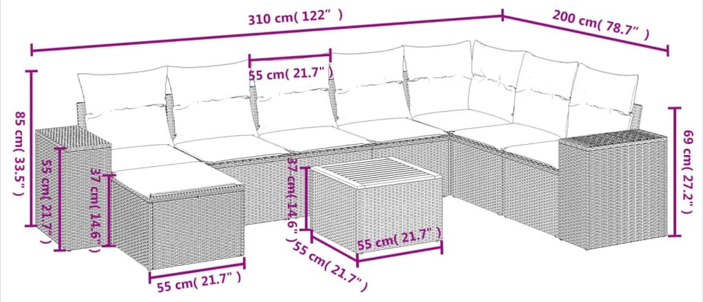 9 pcs conjunto de sofás p/ jardim com almofadões vime PE bege