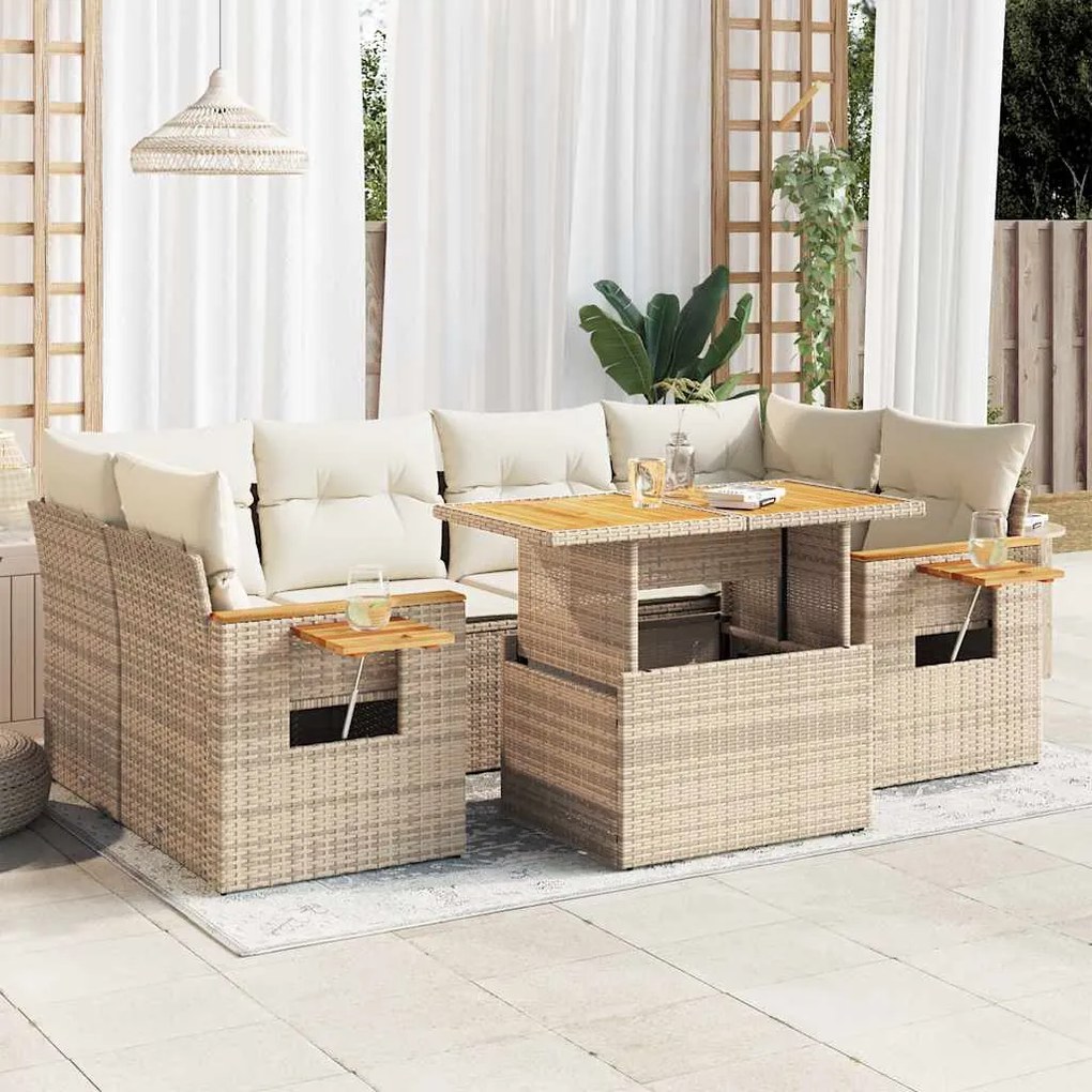 vidaXL 7 pcs conjunto sofás jardim com almofadões vime PE/acácia bege