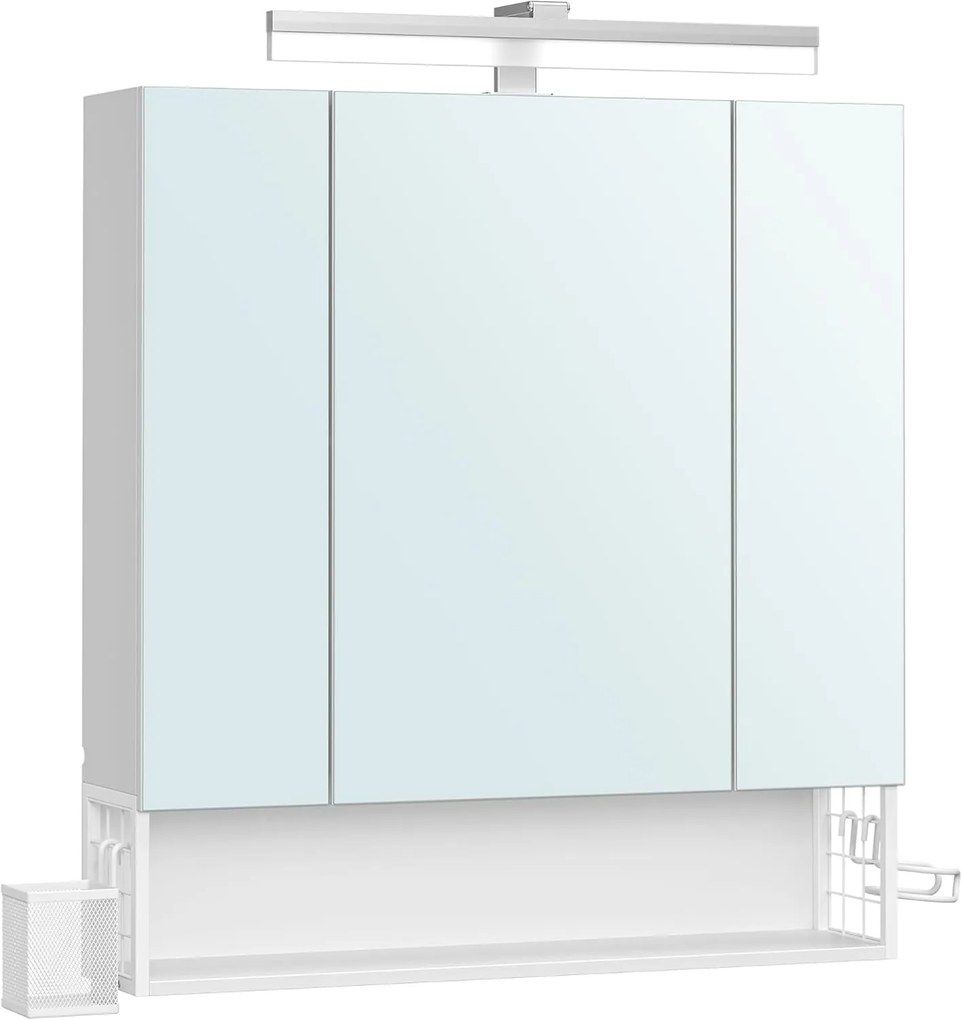 Armário de banheiro VASAGLE com 3 portas, armário espelhado, armário de parede, tomadas, cesto suspenso, suporte para secador de cabelo, amplo espaço de armazenamento, para banheiro, 16,5 x 70 x 75 cm, branco nublado BBK126W01
