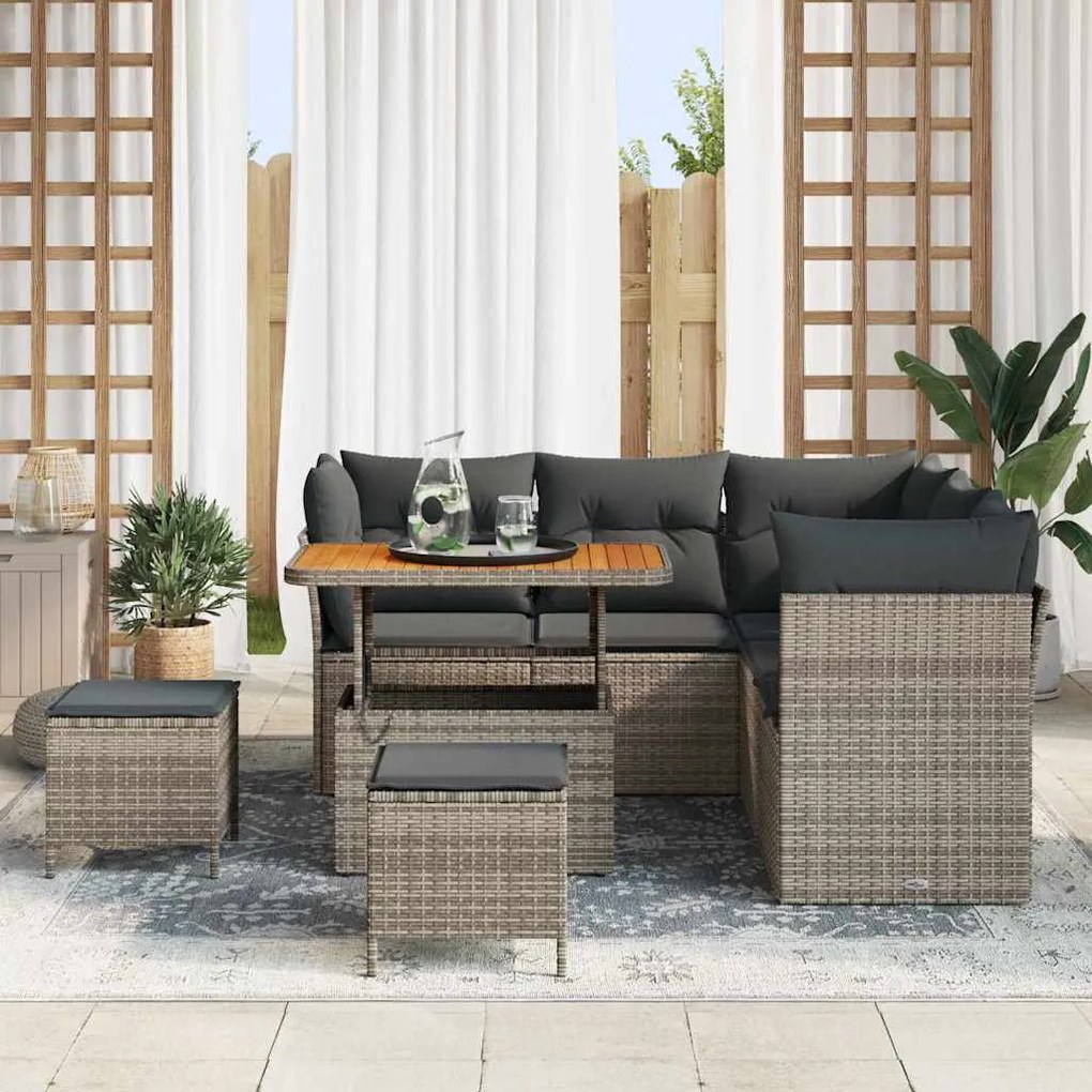 Conjunto de Sofás de Jardim com Almofadas Cinza Rattan de Polietileno