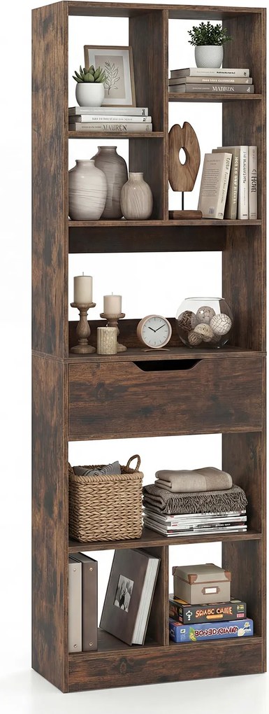 Estante Livreira Industrial, 50 x 24 x 155 cm, 8 Compartimentos e Gaveta, Castanho