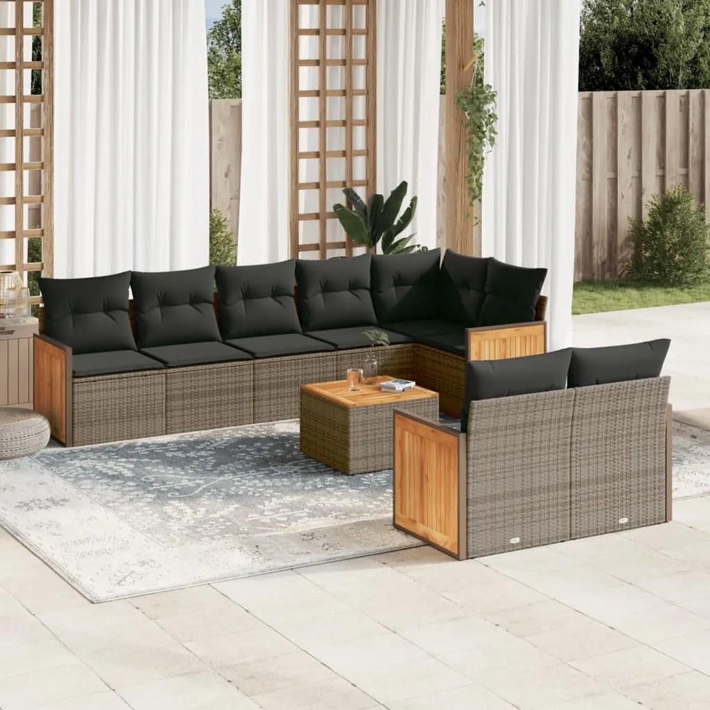 9 pcs conjunto sofás p/ jardim com almofadões vime PE cinzento