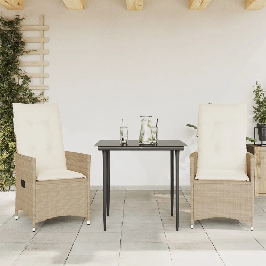 Cadeiras de jardim reclináveis 2 pcs c/ almofadões vime PE bege