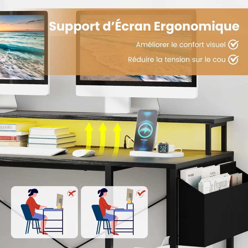 Mesa de jogos em L com luzes LED e tomadas elétricas Mesa de computador para escritório doméstico com suporte marrom rústico
