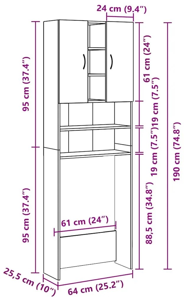 Armário máquina de lavar roupa 64x25,5x190 cm cinzento-cimento