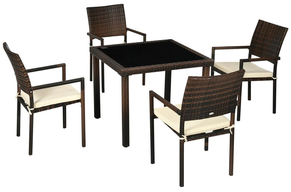 Conjunto de Móveis de Vime Sintético Conjunto de Refeição 5 Peças Mesa com Bancada de Vidro e 4 Cadeiras com Almofadas para Varada Pátio Marrom