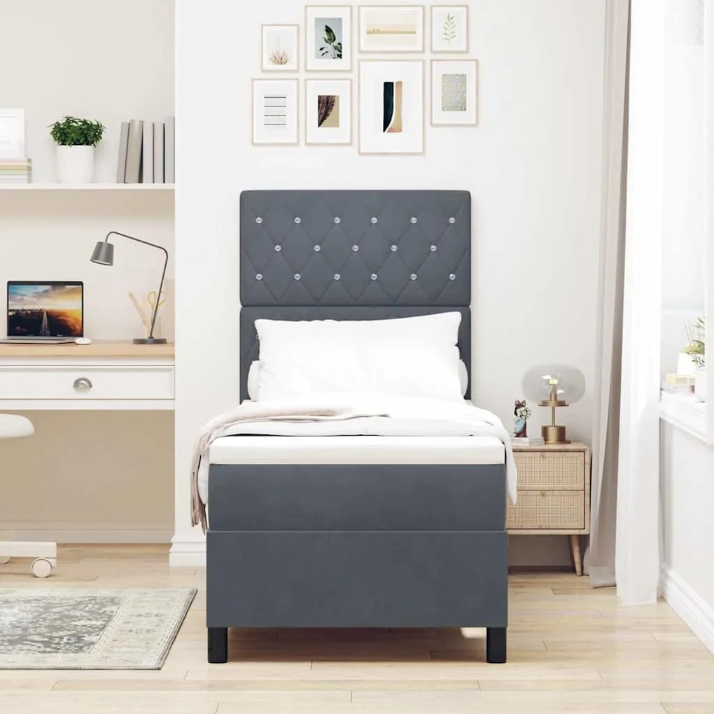 Cama Box Spring com Colchão &amp; LED Cinza Escuro 80x200 cm Veludo