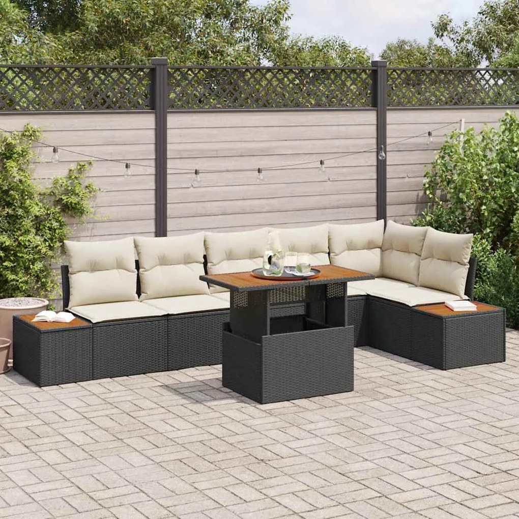 Conjunto de Sofás de Jardim vidaXL de 7 Peças com Almofadas Preto Ratt