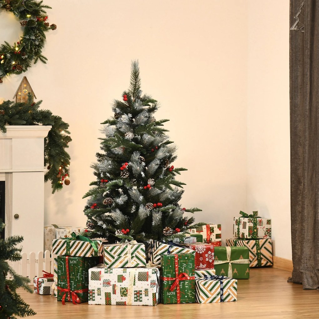 Árvore de Natal Artificial 120cm com 239 Ramas 27 Pinhas e 27 Frutinhas Folhas de PVC PE Base Dobrável e Suporte Metálico Decoração de Natal para Inte