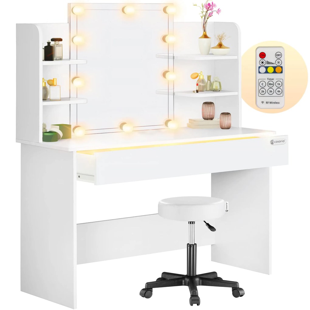 Toucador de maquilhagem Lucia 140x110x40cm com Luzes LED + banco com rodas Branco
