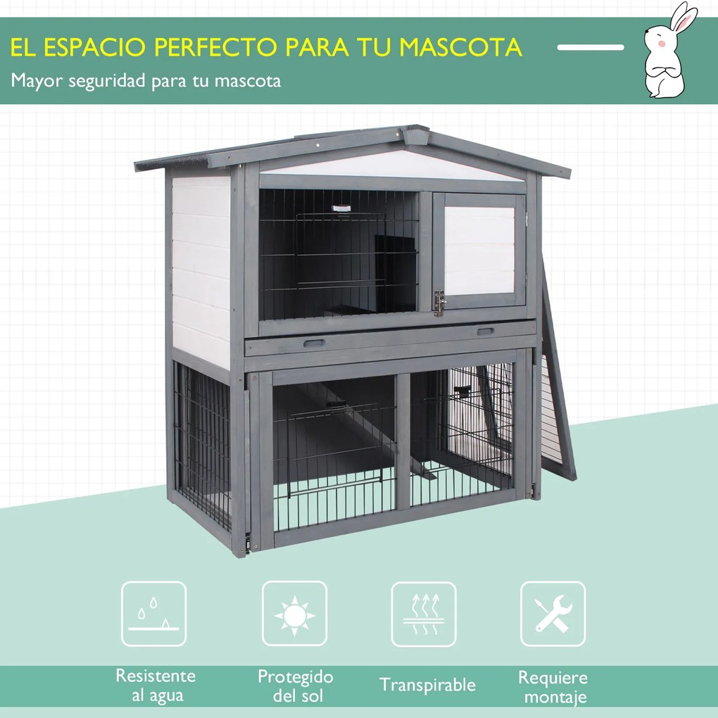PawHut Coelheira de Exterior de Madeira de 2 Níveis Gaiola para Coelhos e Animais Pequenos com Teto Asfástico Zona Aberta Bandeja Removível e Rampa 101,5x90x100cm Cinza