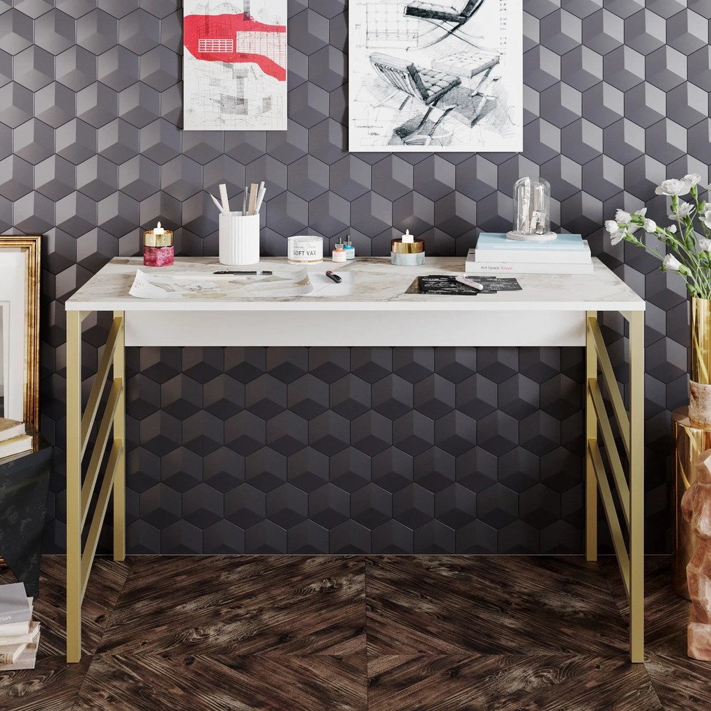Secretária de Estudo Tuna – Dourado e Branco – 120 cm x 75 cm x 60 cm