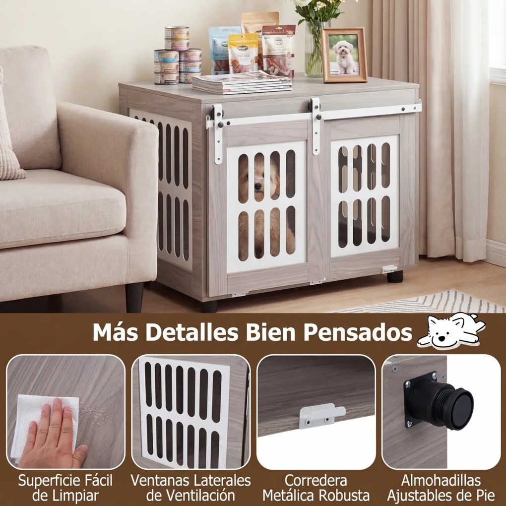 Gaiola para cães com mesa auxiliar interior e porta de correr 80 x 56 x 62,5 cm, para animais de médio e grande porte, com capacidade para 30 kg Cinze