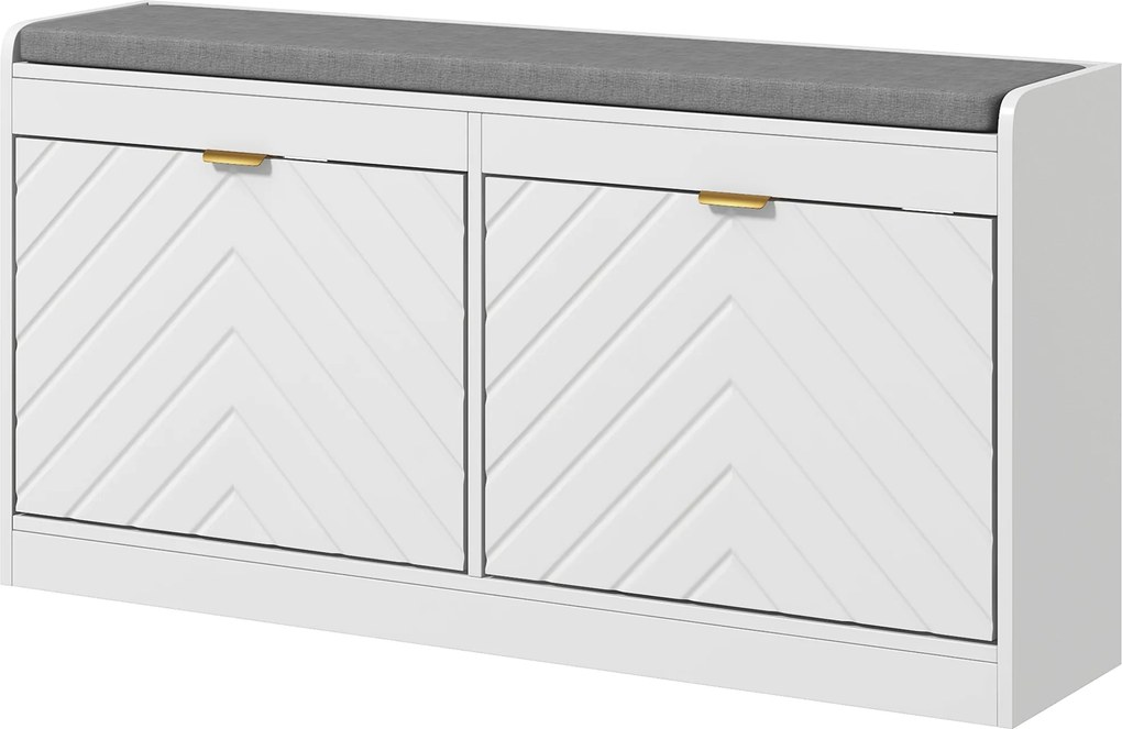 Banco para sapatos, banco com arrumação 106 x 24 x 52,5 cm, assento almofadado, gaveta rebatível, porta com padrão , branco