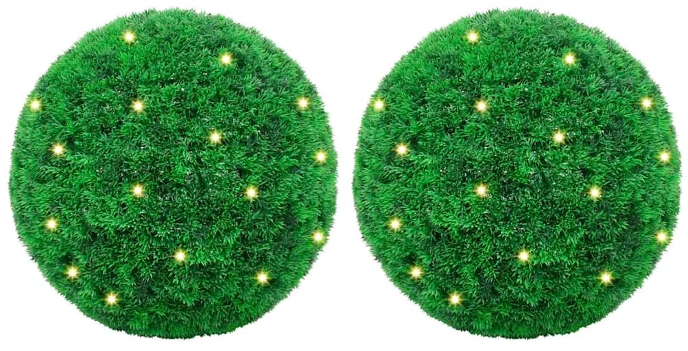 Bolas artificiais de buxo com luzes LED 2 pcs verde 27 cm
