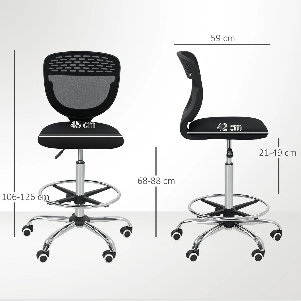 Cadeira de escritório ergonómica em malha 59 x 59 x 106-126 cm, cadeira de desenho, altura e apoio para os pés ajustáveis, preta