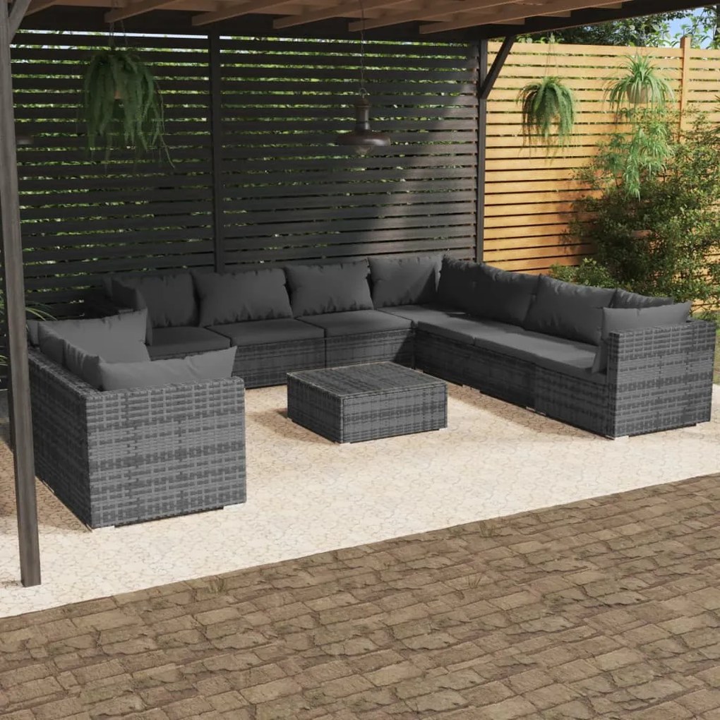 vidaXL 10 pcs conjunto lounge de jardim c/ almofadões vime PE cinzento