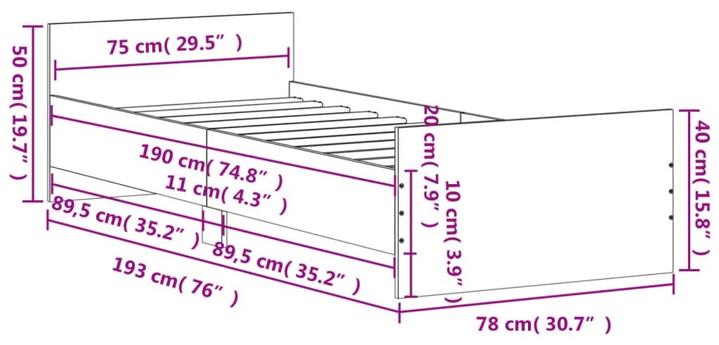 Estrutura de Cama Moona - 75x190 cm - Cinzento - Design Moderno