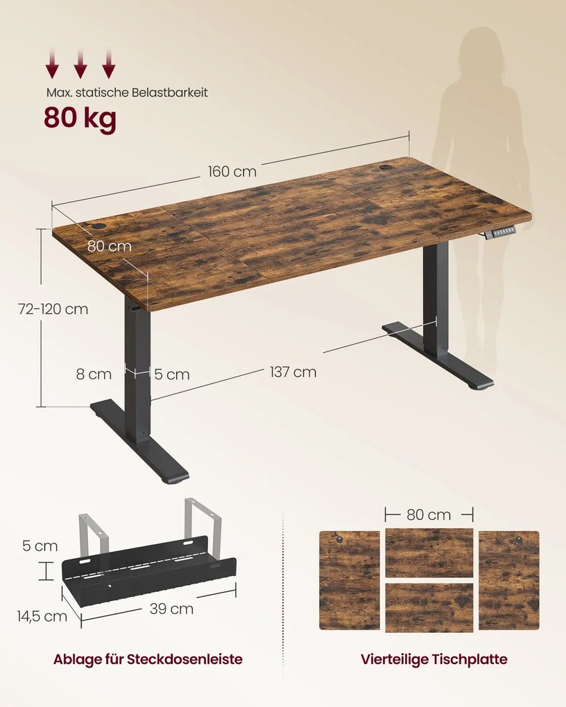 Secretária elétrica com altura ajustável 160 x 80 x (72-120) cm, porta USB e função de memória, castanho vintage