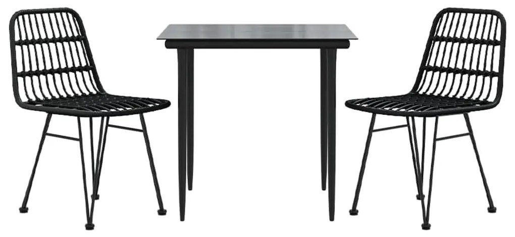 3 pcs conjunto de jantar para jardim vime PE preto