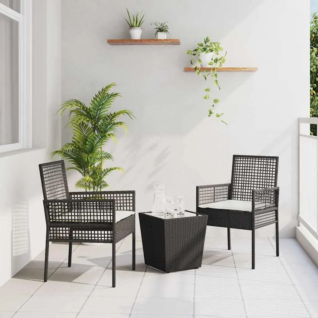 vidaXL Conjunto de Bistrô de Jardim 3 Peças com Almofadas Pretas de Polyrattan