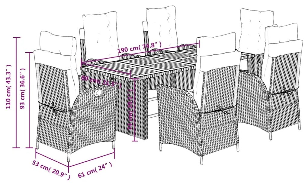 7 pcs conjunto de jantar p/ jardim c/ almofadões vime PE cinza