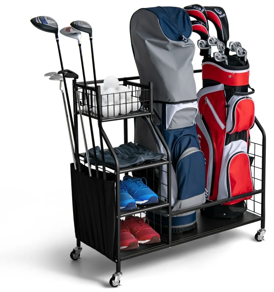 Estante para sacos de golfe Estante dupla para sacos de golfe com rodas universais bloqueáveis Suporte para tacos de golfe 95 x 40 x 94 cm