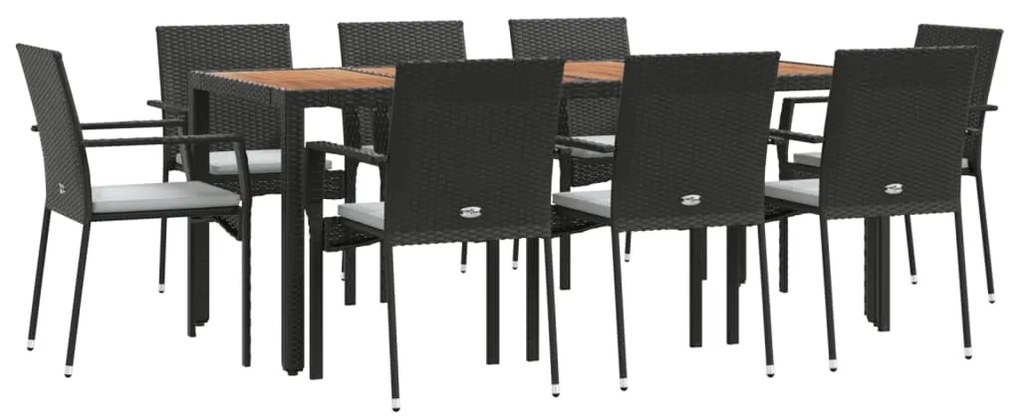 9 pcs conjunto de jantar p/ jardim c/ almofadões vime PE preto
