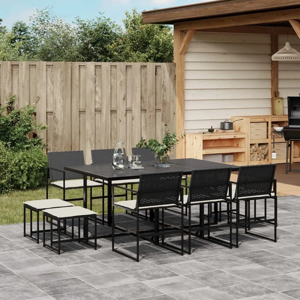 11 pcs conjunto de jantar p/ jardim c/ almofadões vime PE preto